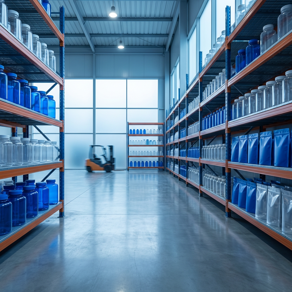 Busa Store warehouse facility with mineral products on industrial conveyor system